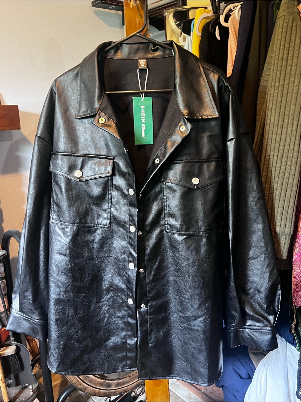 SHEIN Black Faux Leather Snap-Front Trench Shirt Jacket